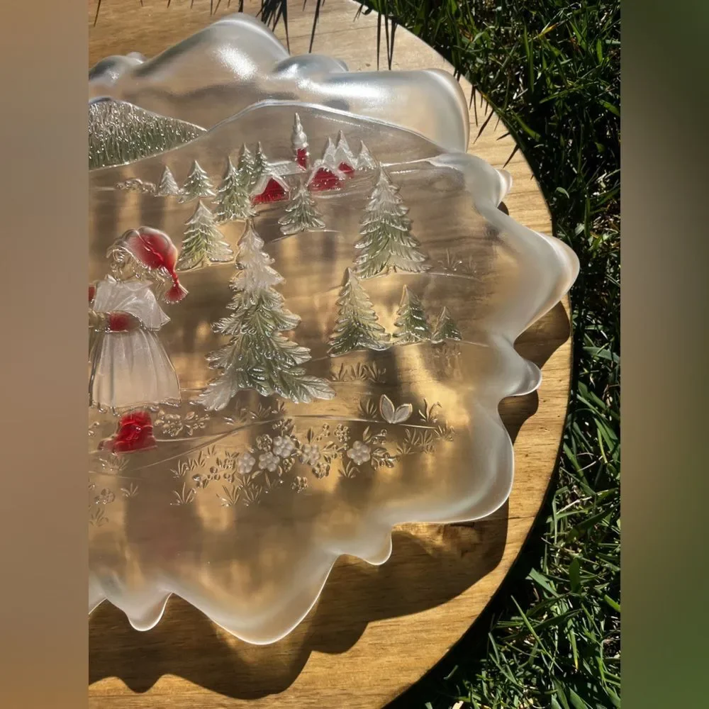 Mikasa Frosted Colored Glass Holiday Christmas Tree Tray w/Little Girl Red/Green